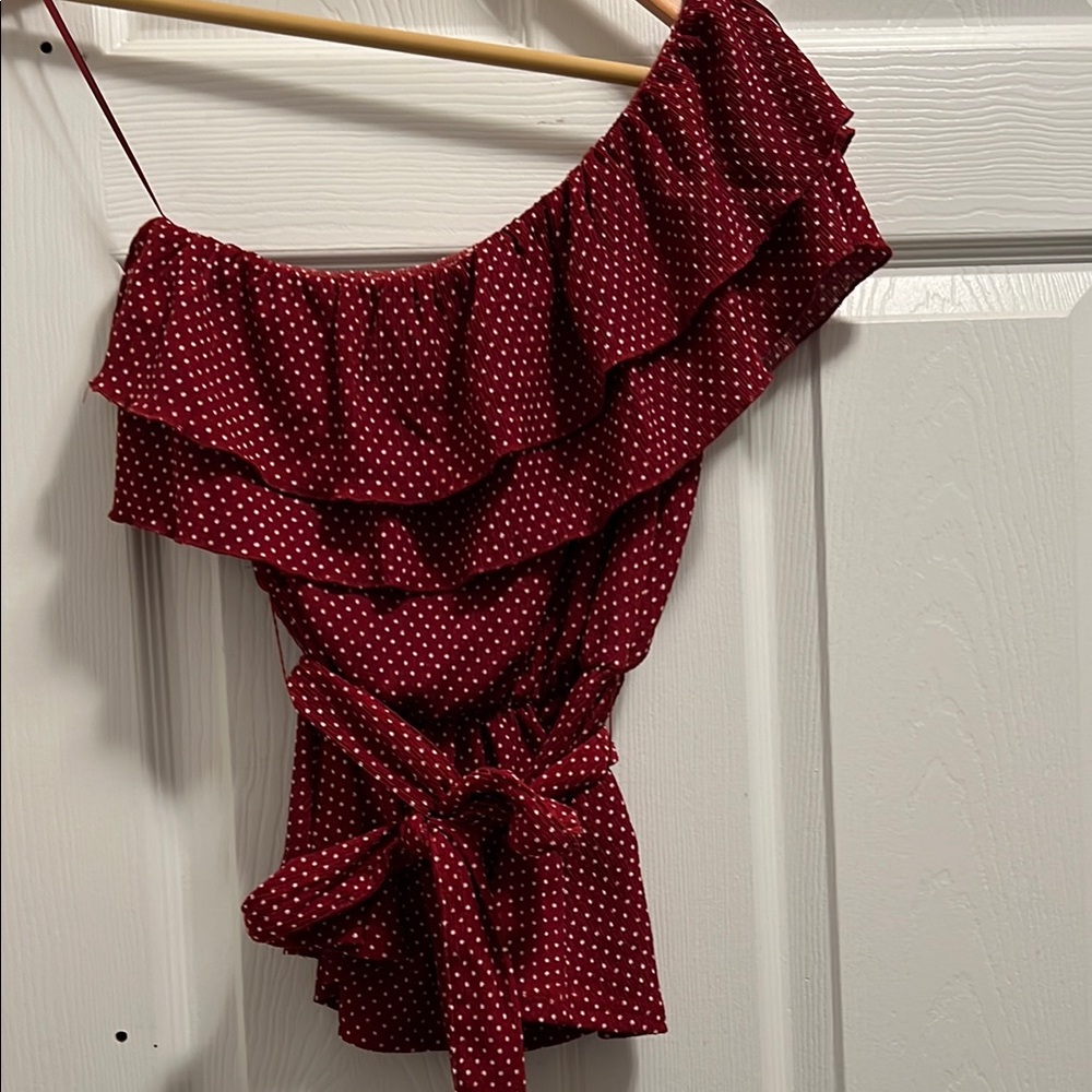 Maeve by Anthropologie Red/Burgundy Polka Dot Ruffle Top